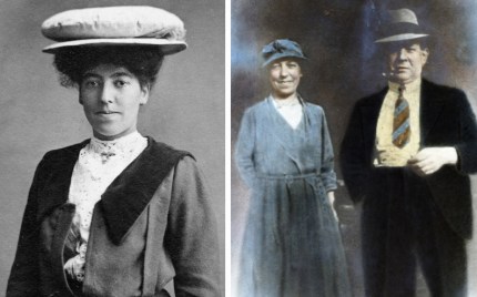 Aunt Sarah in her younger days sporting an interesting design in headgear and in later life with husband Frank in a hand-tinted photograph.