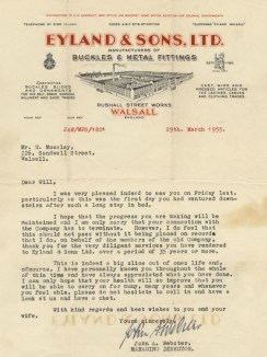 The letter sent to my grandfather William  Moseley thanking him for his long service. A year later, almost to the day, Billy died.
