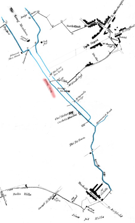 A section of an 1814 map showing the new road, Bridge Street .