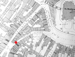 The red spot marks the approximate site of the fight. Disappointingly, this 1885 OS map does not indicate where the Old Church pub was on Church Street.