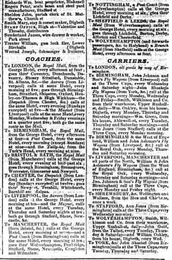 The coaches and carriers that came through Walsall. From Pigot & Co's Staffordshire Directory of 1828.