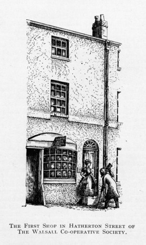 A drawing by George Willott, Principal of Walsall Art School showing the first Co-op premises in Hatherton Street.