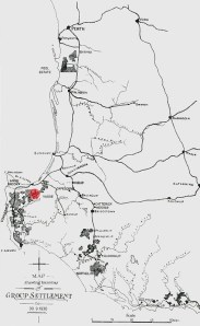 Map showing the group settlements in Western Australia with the approximate location of the Walsall Group identified by the red circle.