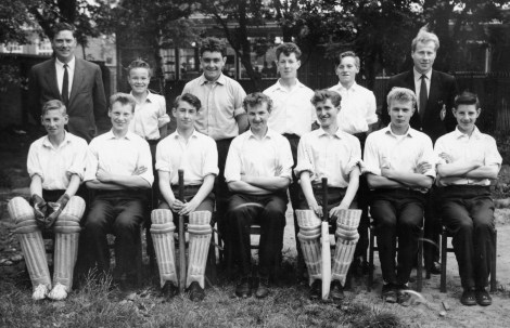 Cricket team in 1962. Back row, l-r, Mr. Davies, John Beeley, John Tuck, Graham Worrall, Ron Smith and Mr. Dawson. Seated, l-r, David Clifft, Keith Turton, John Allen, Ken Tittley, Mike Smith, Vic Manley and Robert Bradley. Only the stars of the show were allowed on these photographs, the humble scorer (me) was deemed unfit to be shown to the public!