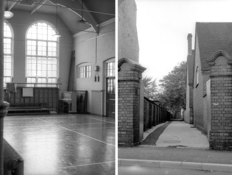 The hall complete with "joanna' and on the right the view into the playground from the Chuckery Road entrance. The buildings on the right housed the classrooms for woodwork and metalwork.