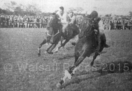 A good crowd watching the Walsall Stakes as the runners approach the winning post on Easter Monday 1946.